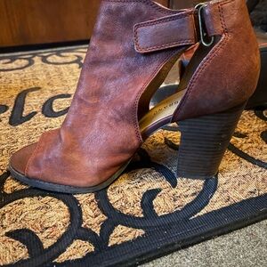 Red Brown Leather Peep-Toe Ankle Boots